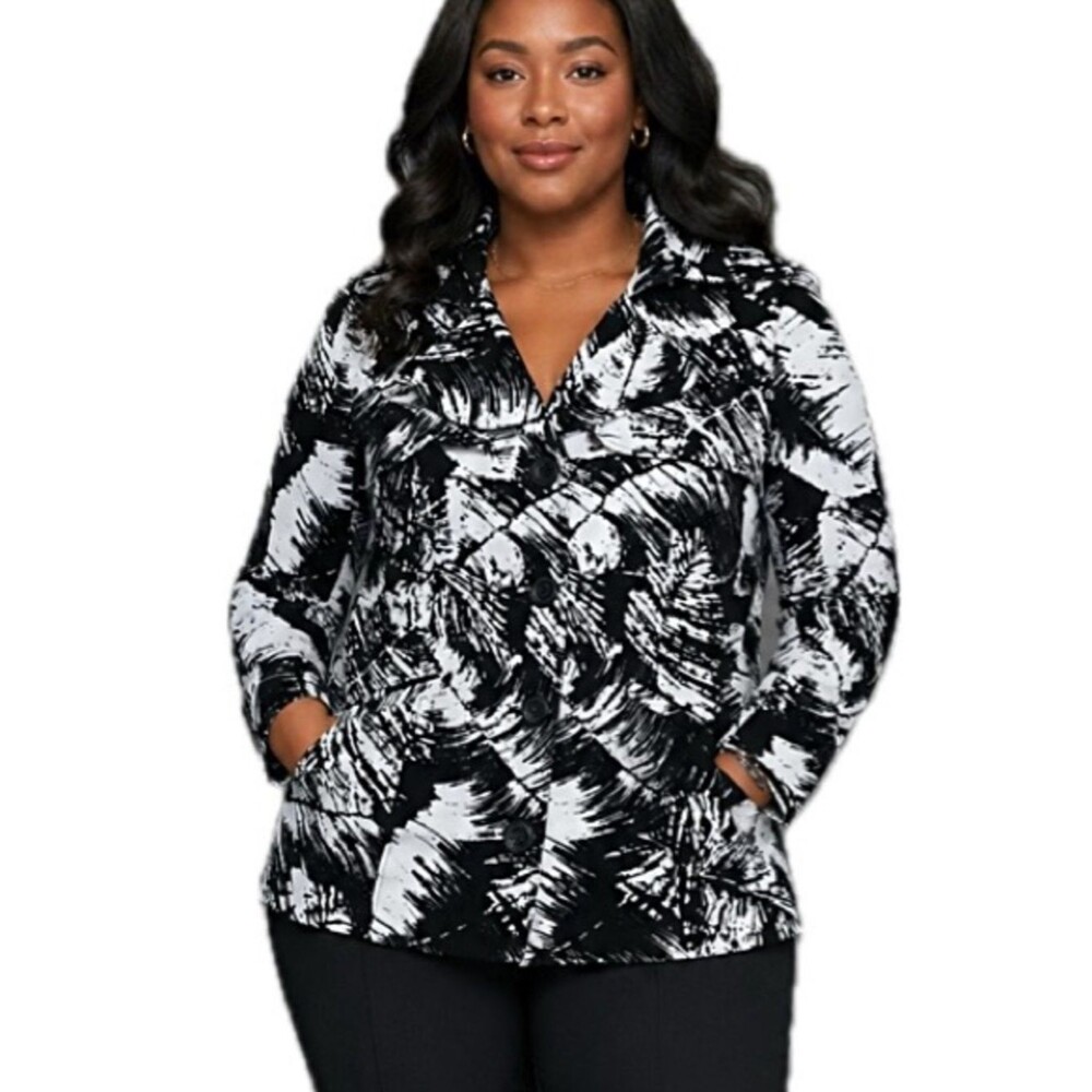 Vertigo Paris Womens Patterned Trench Coat Size XL Black & White A-Line Jacket